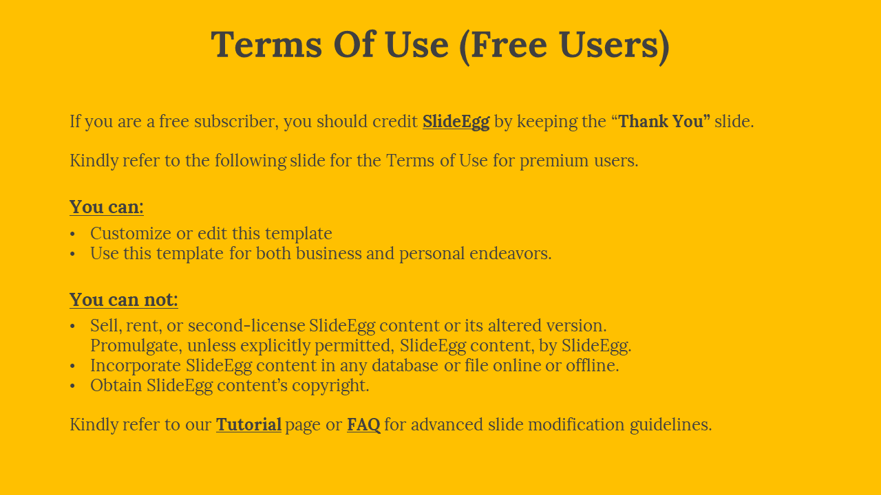 On a yellow background, dark text outlines terms of use for free users, with two bullet point sections.