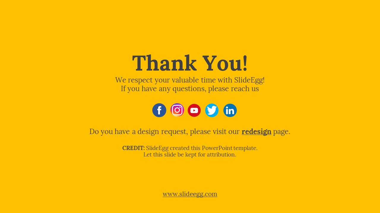 On a yellow background, black text saying thank you is centered, with five colorful social media icons displayed below.