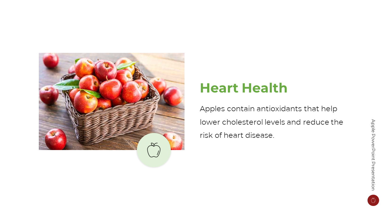 Red apples in woven basket on wooden surface left, light green circle with an icon, and black text on right.
