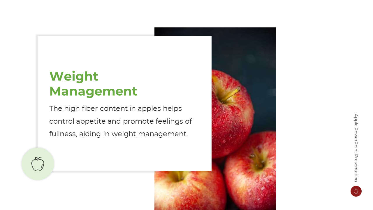 Centered white square with heading and black text overlaps right image of wet red apples, and green icon at the bottom.