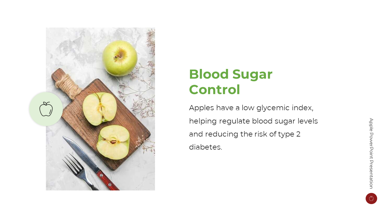 Green apples and slices on wooden board with cutlery over white marble background, and text on right.
