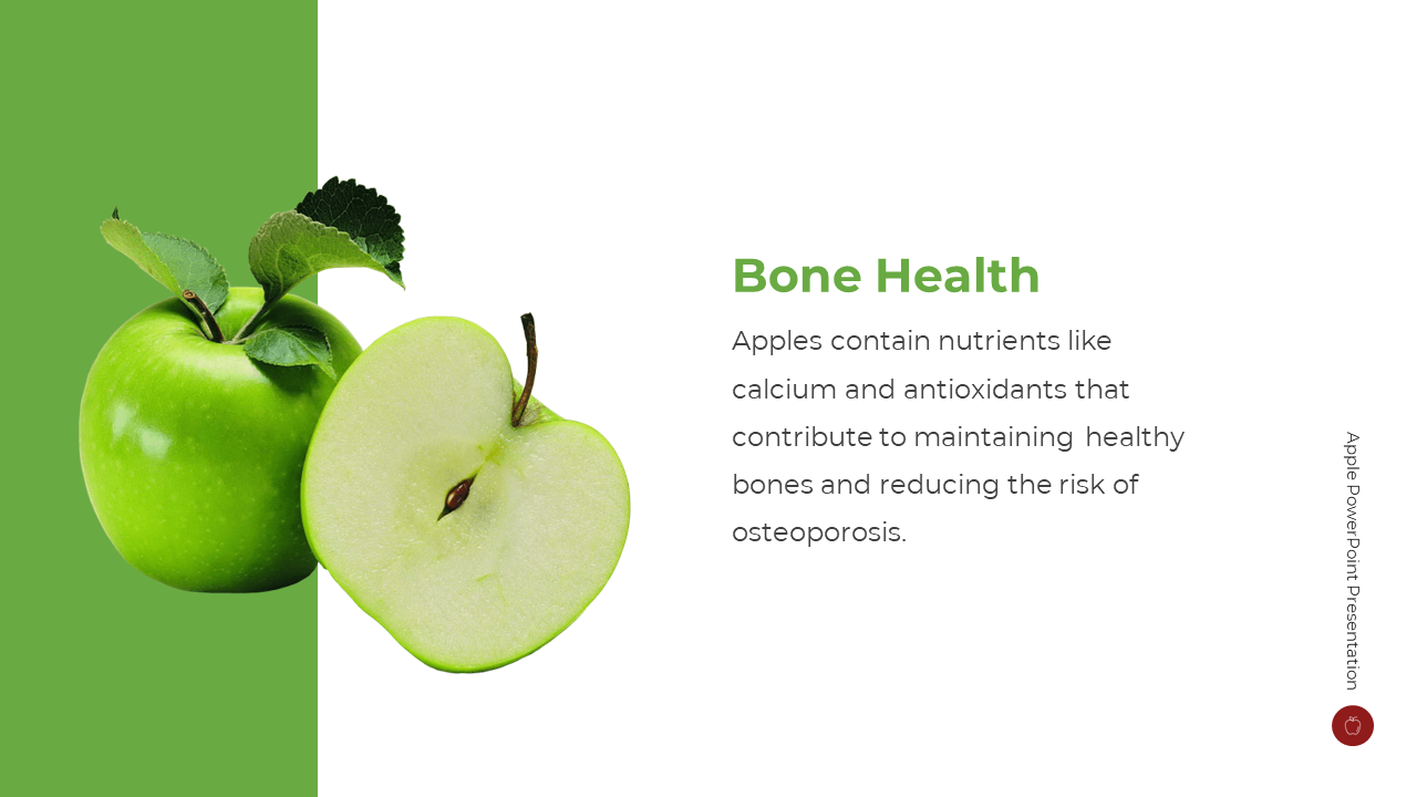 Whole and half green apples on left over green panel, and right aligned text on white space.