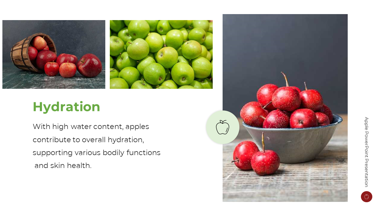 Three photos showing red apples spilling from barrel, green apples piled, and red apples in grey bowl, and text below.