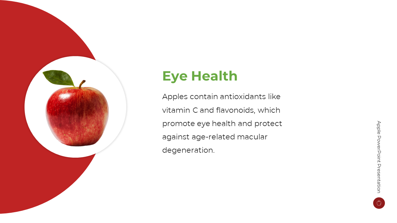 Red semi circle fills left side, featuring white circle with realistic red apple placed at center, and text on right.