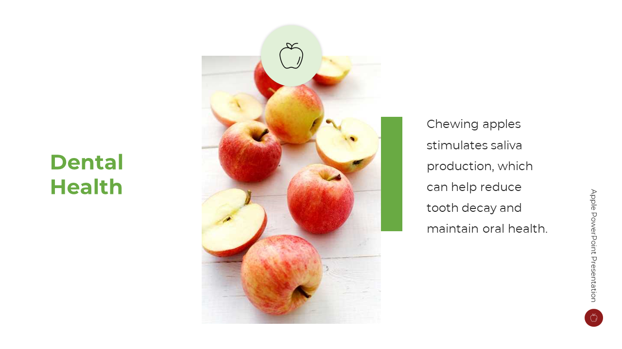 Apples and apple halves on light wooden surface in center, and text on right, all over clean white background.