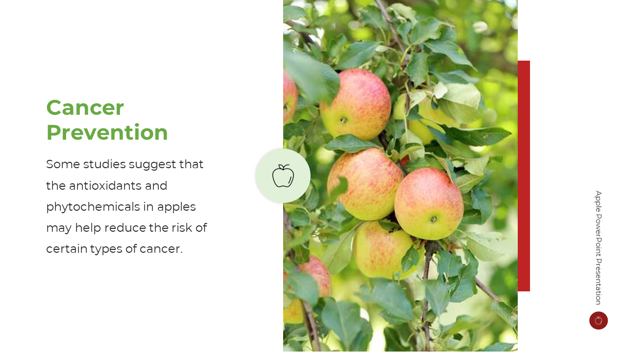 Split layout with text on left, circular green icon at center, with right aligned vivid red and yellow apples on leafy tree.