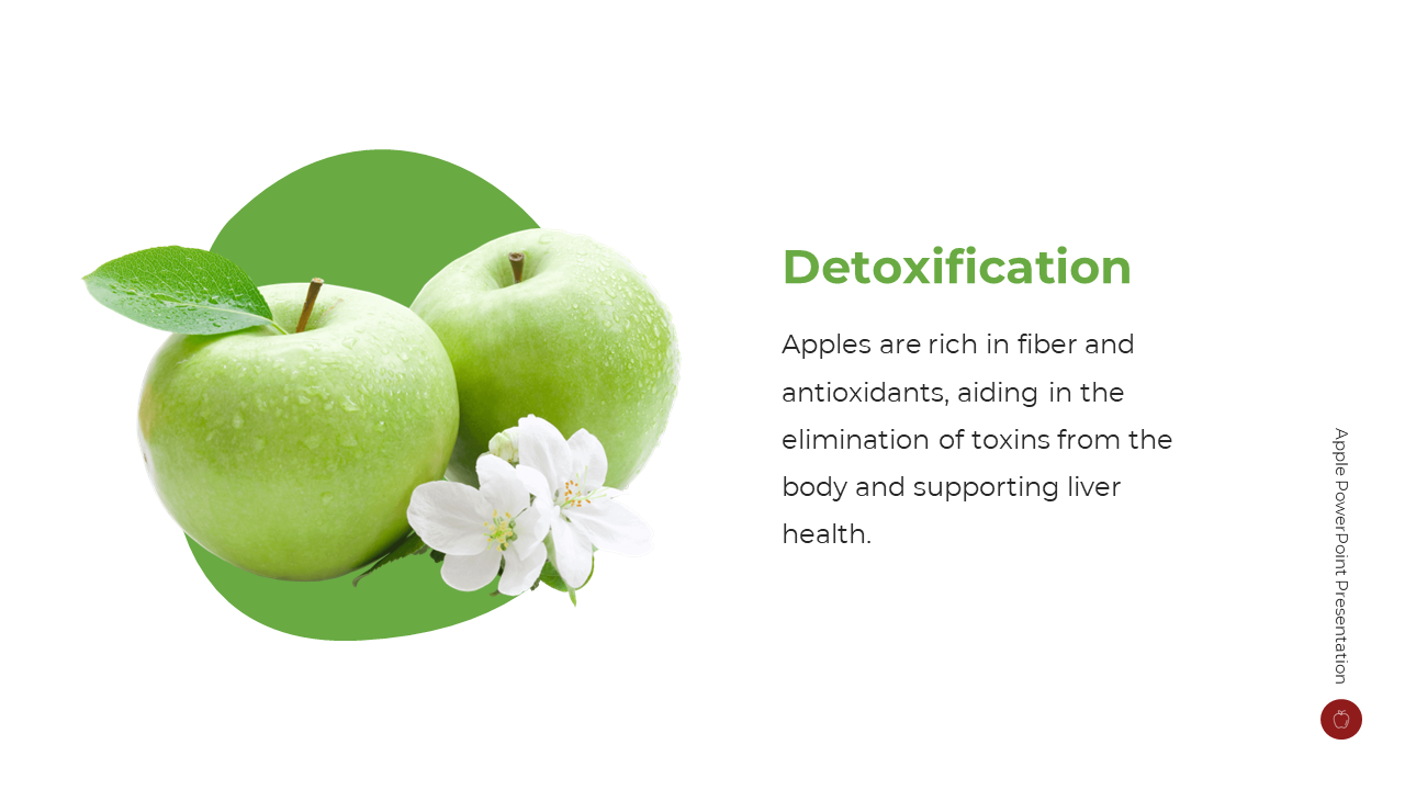 Slide with two green apples with water droplets and white flowers on left, with detoxification text on right.