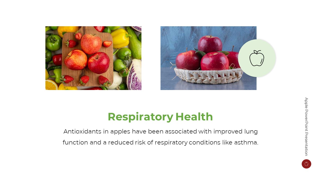 Slide with two images of apples among colorful vegetables, and apples in a white basket, and text placed below.