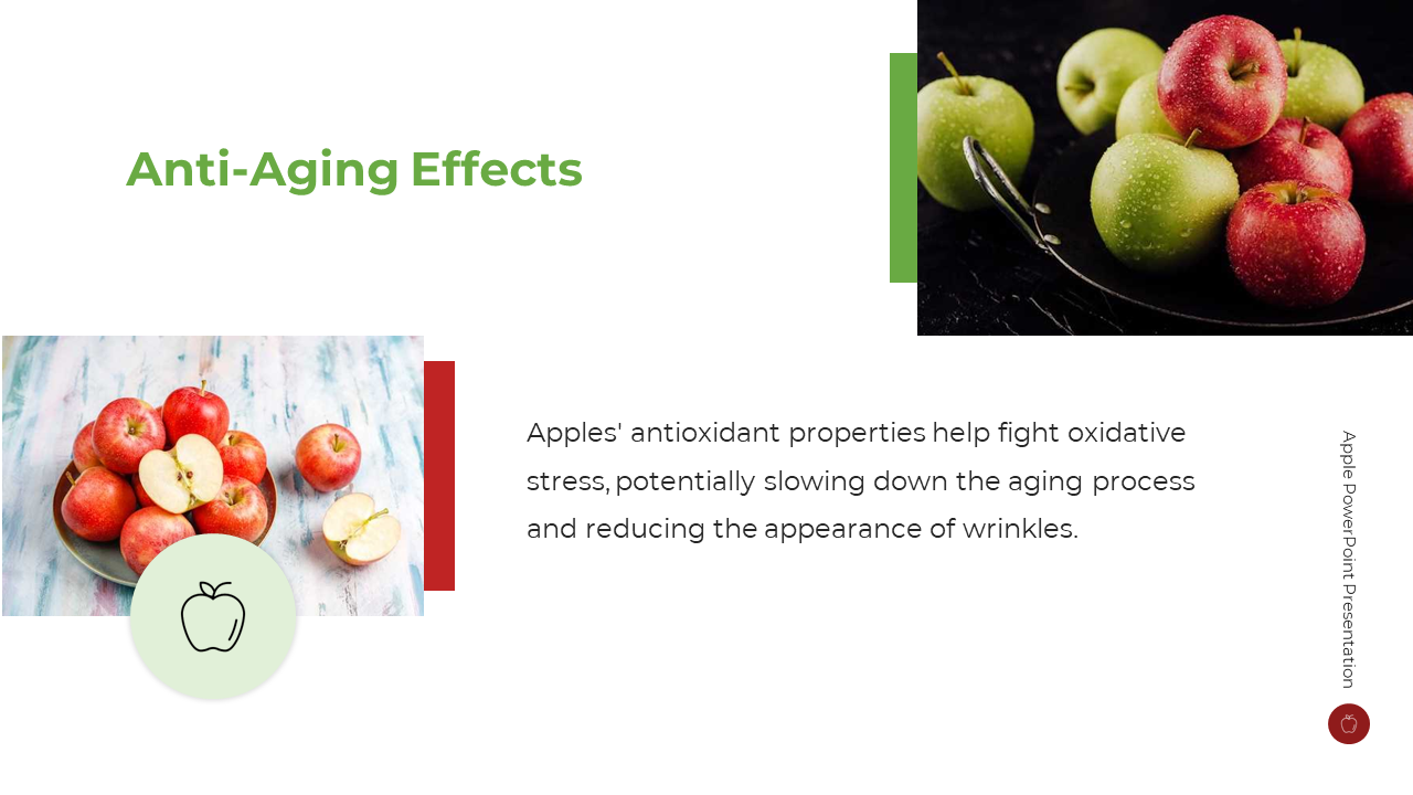 Slide shows green heading at top, a plate of red apples, a mix of apples on right, and text in middle.