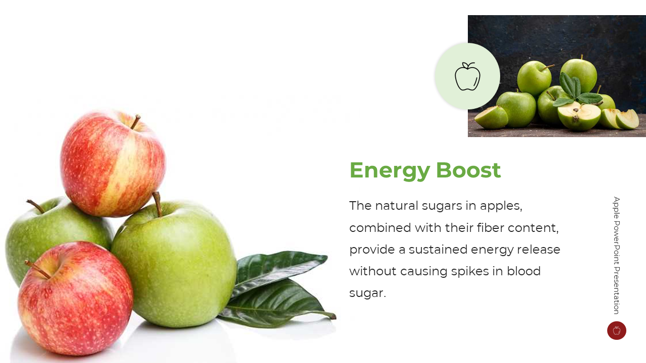Cluster of red and green apples is on the left, with energy boost text and icon on the right.