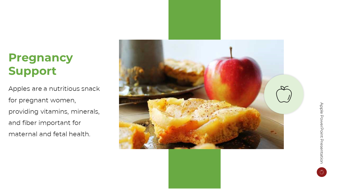 Green heading and text on left, with a photo of apple pie and red apple placed to the right.