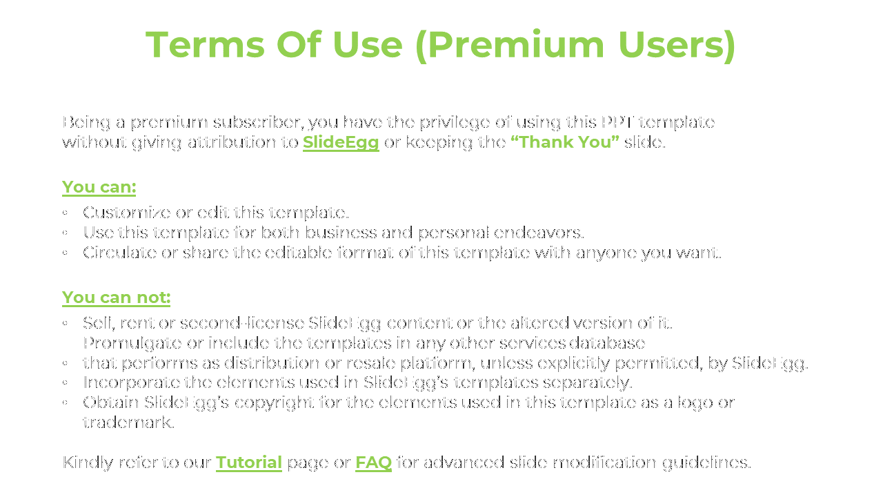 White background with bold green heading, followed by bullet lists of permissions and restrictions for premium users.