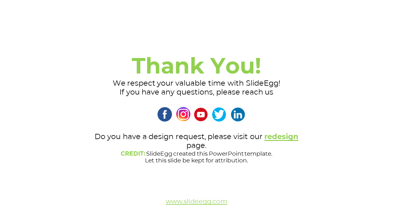 White background with green thank you, five social icons below, and small credit text and website link at the bottom.