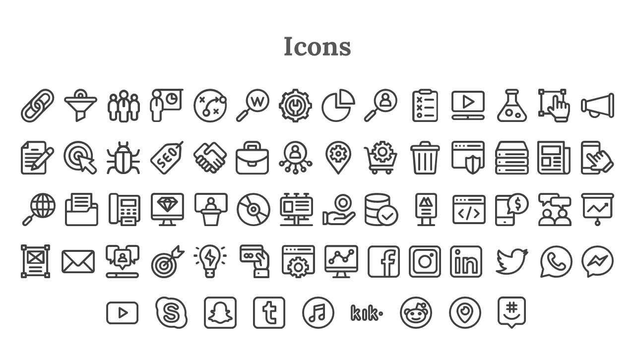 Slide with title and rows of outlined tool icons, graphs, web elements, and popular social media platform logos.
