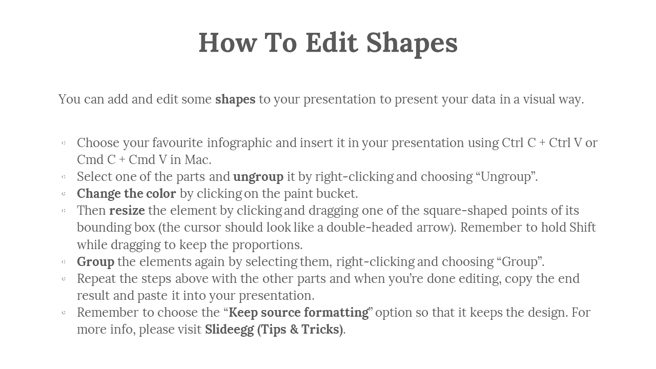 White slide with bold black title followed by text and a bullet list explaining steps to edit shapes.