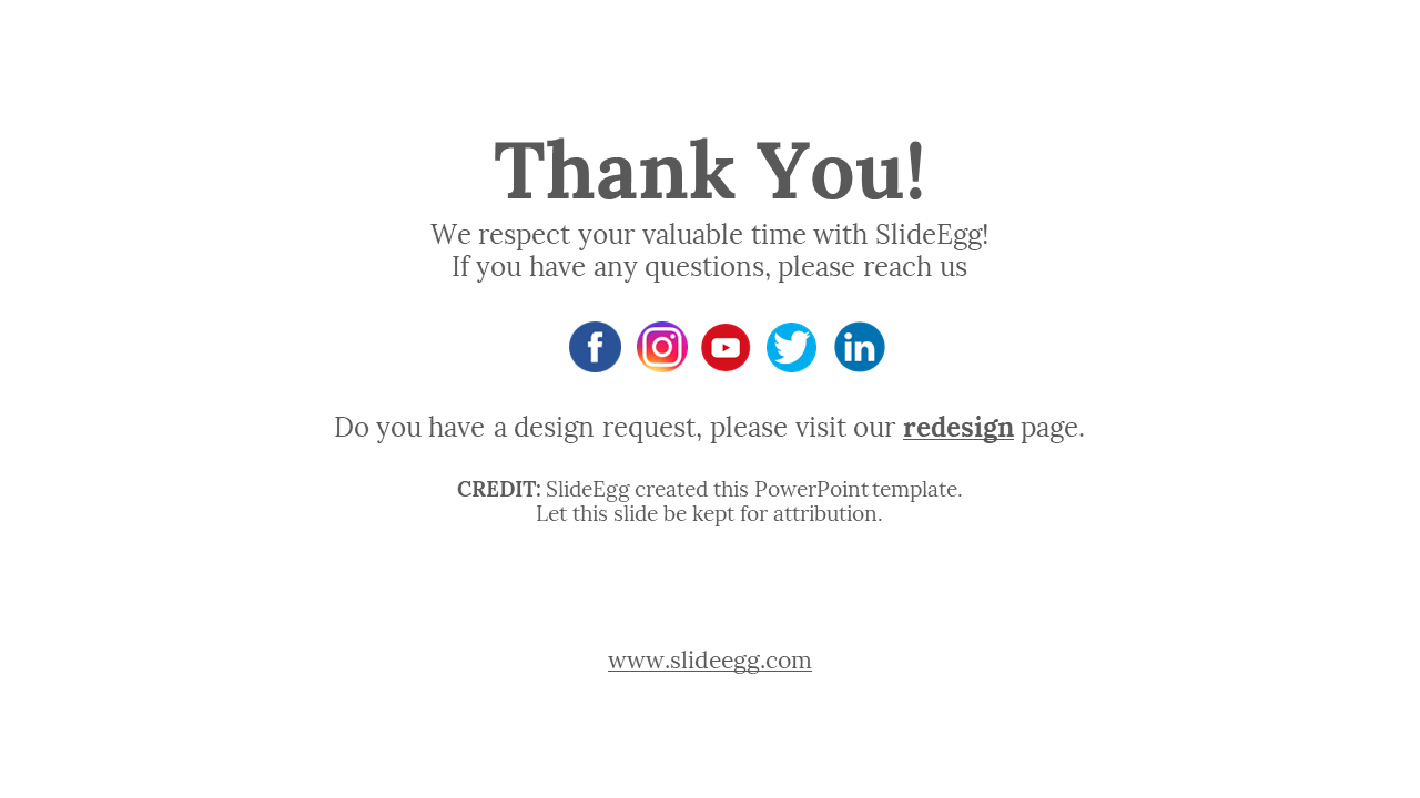 Thank you message in bold text, centered social icons, and attribution with website link at the bottom.