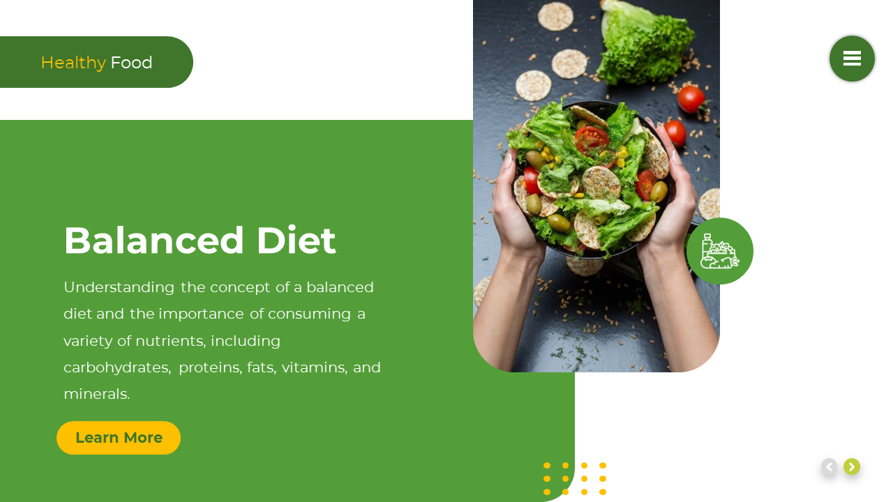 Split layout with white and green sections, featuring an image of hands holding salad bowl with circular icon overlapping.