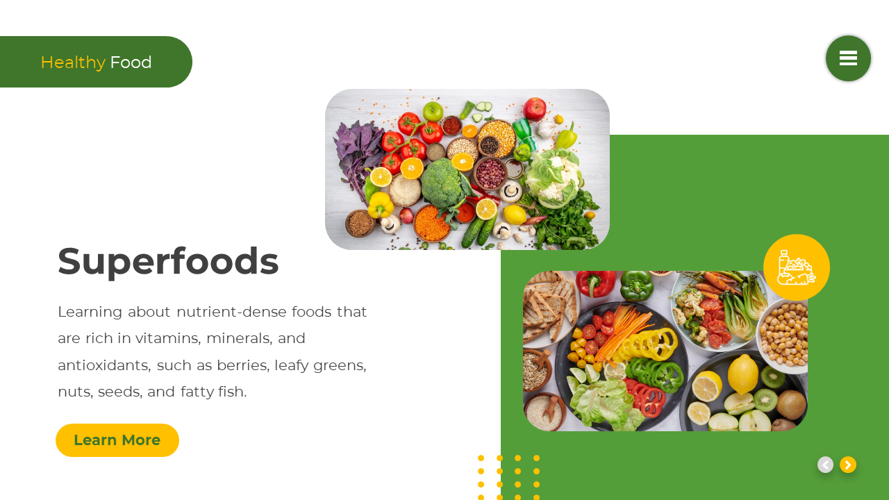 Slide with white text area on left and right green section with two rounded images showing colorful vegetables and fruits.