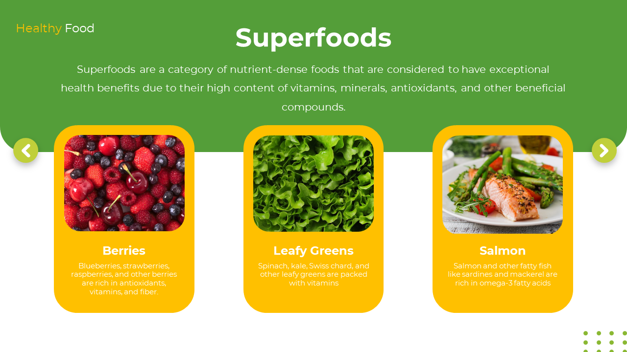 Green background with text at top, and three rounded yellow boxes below featuring berries, leafy greens, and salmon images.