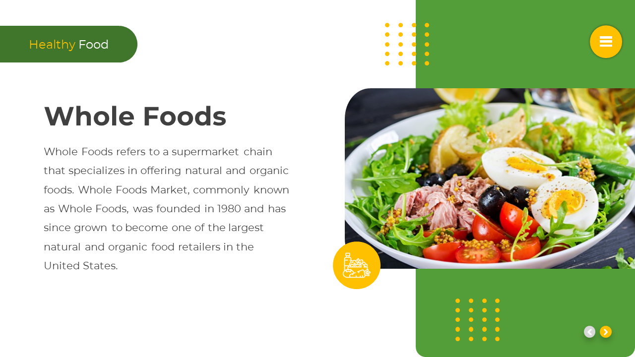 Split layout with white text area and green section on right, featuring an image of salad with eggs, tomatoes, and greens.