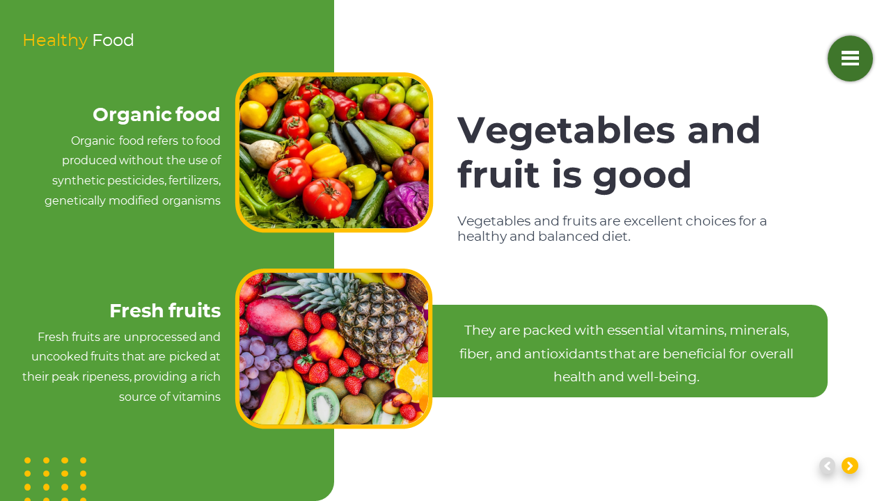 Split layout with green and white background, colorful vegetable and fruit images in rounded frames, with title on right.