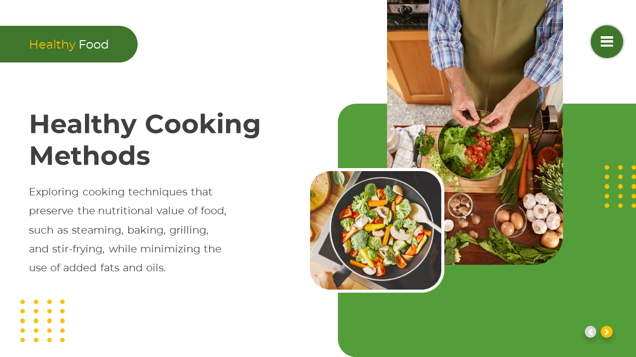 Split layout with white text area and green photo section showing salad preparation and vegetable stir fry in a pan.