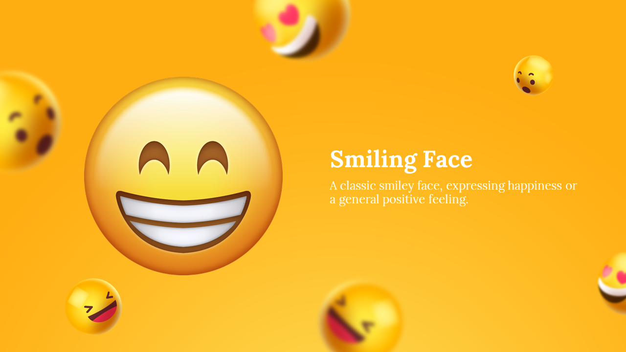 Large yellow smiling emoji with wide white teeth on left, floating among small faded emojis on an orange gradient background.