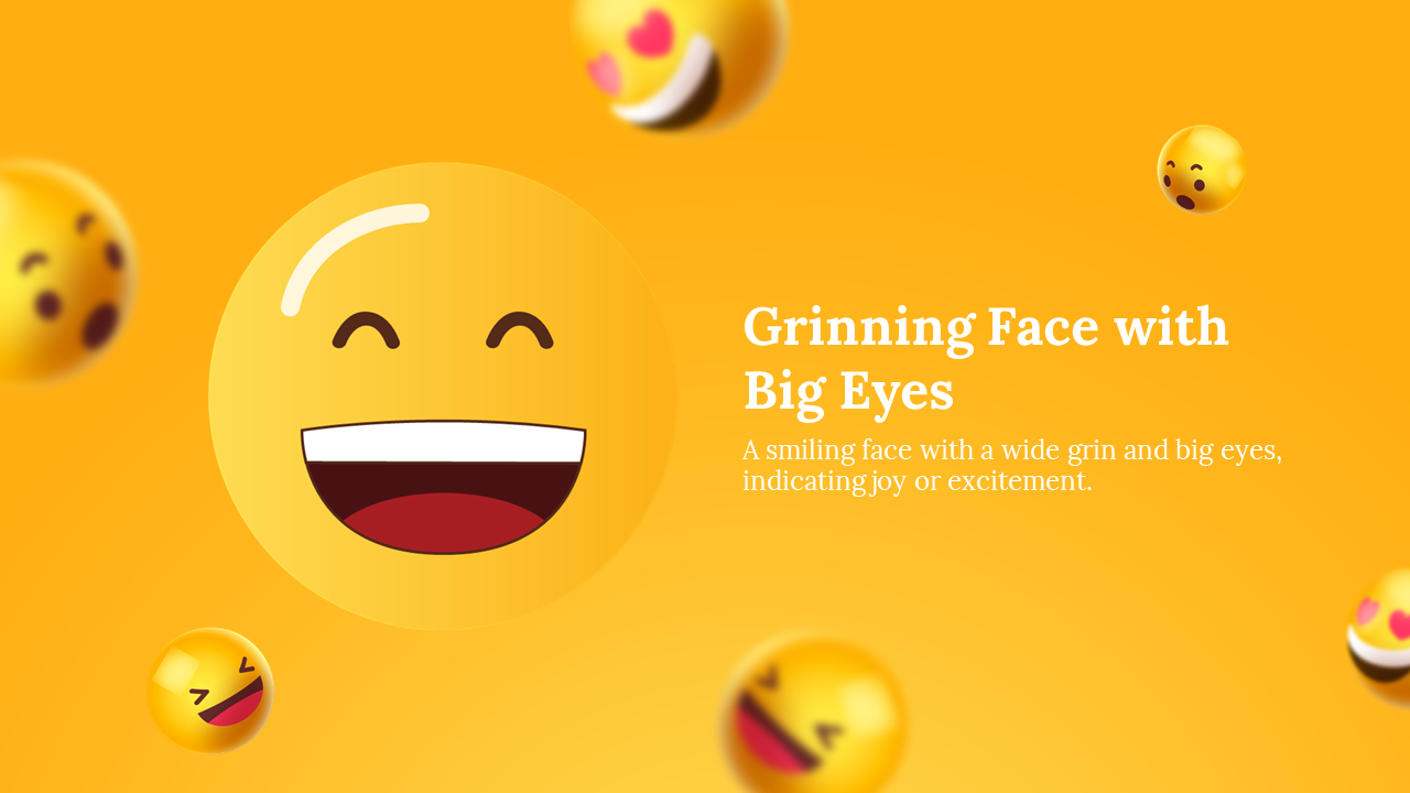 Large yellow grinning emoji with wide open mouth, surrounded by blurred small emojis on an orange gradient background.