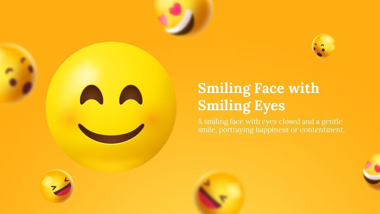 Bright yellow smiling emoji with closed eyes on left, floating among blurred small emojis on a soft orange background.