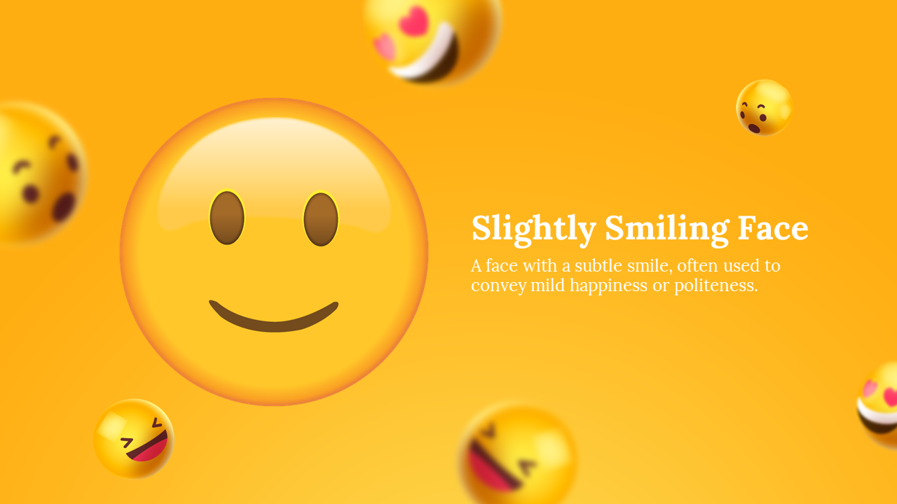 Yellow emoji with small smile and oval eyes on left, floating with blurred emojis on a bright orange gradient background.