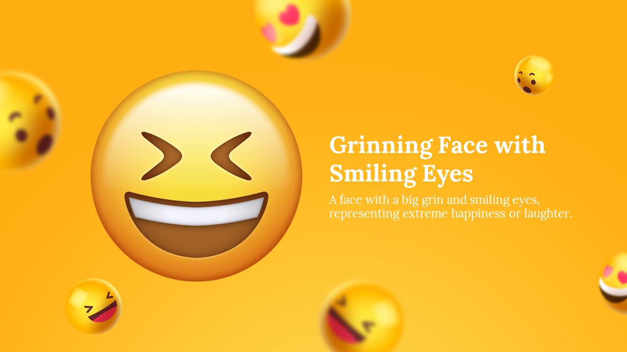 Large yellow emoji with closed eyes and wide grin, surrounded by blurred small emojis over a bright orange background.