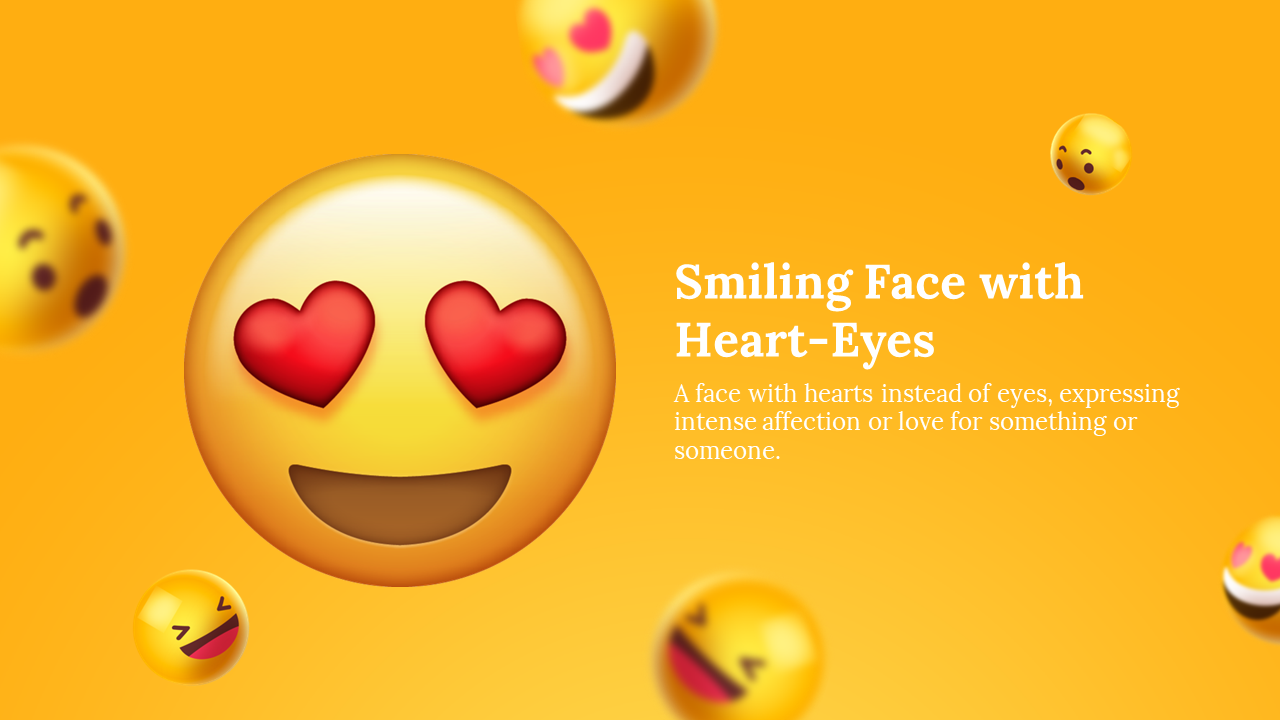 Large yellow face with red heart eyes and wide smile, surrounded by blurred small emojis over a bright orange background.