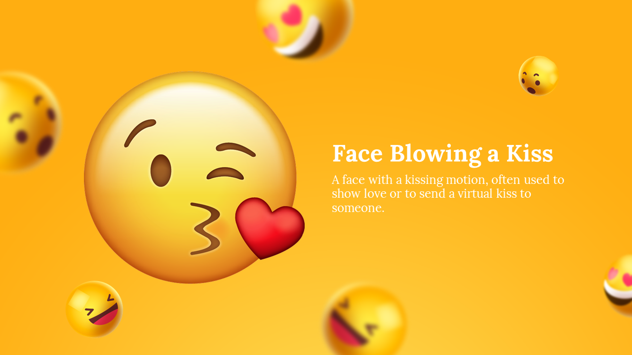 Large yellow face blowing a red heart shaped kiss on the left, with blurred small emojis over a bright orange background.