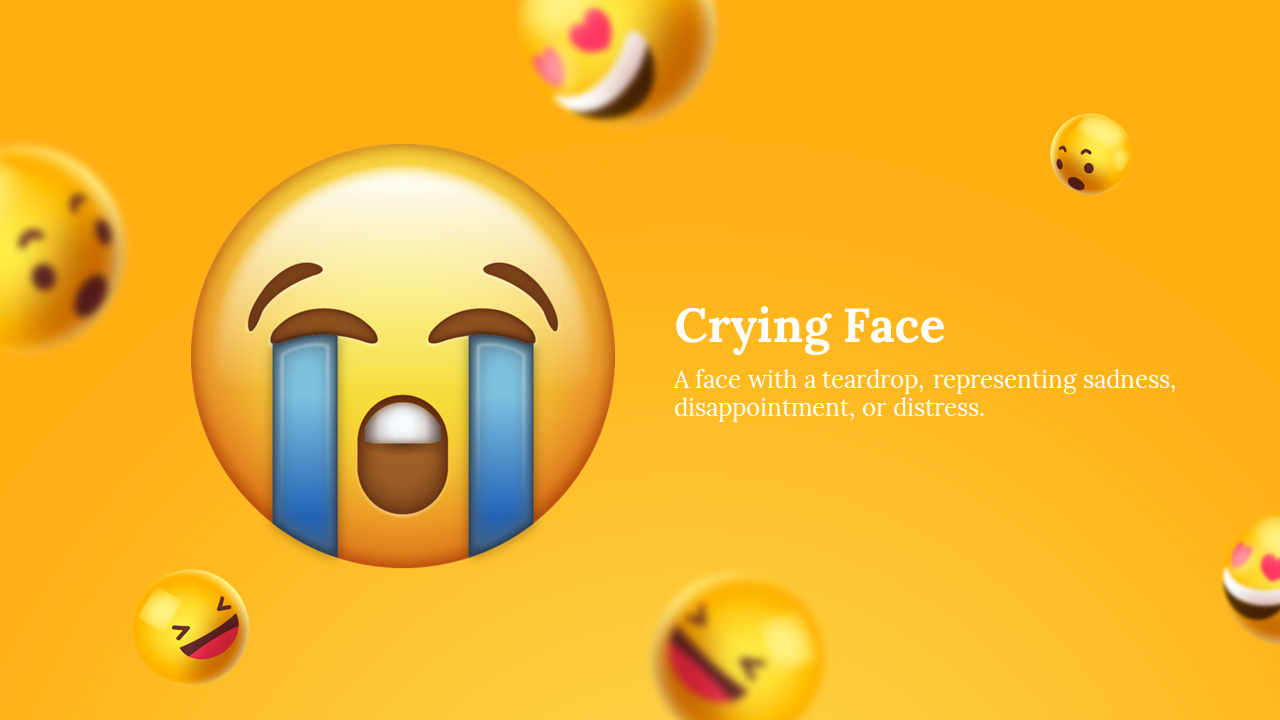 Large yellow crying emoji with wide mouth and two blue tears on left, with blurry floating emojis over an orange background.