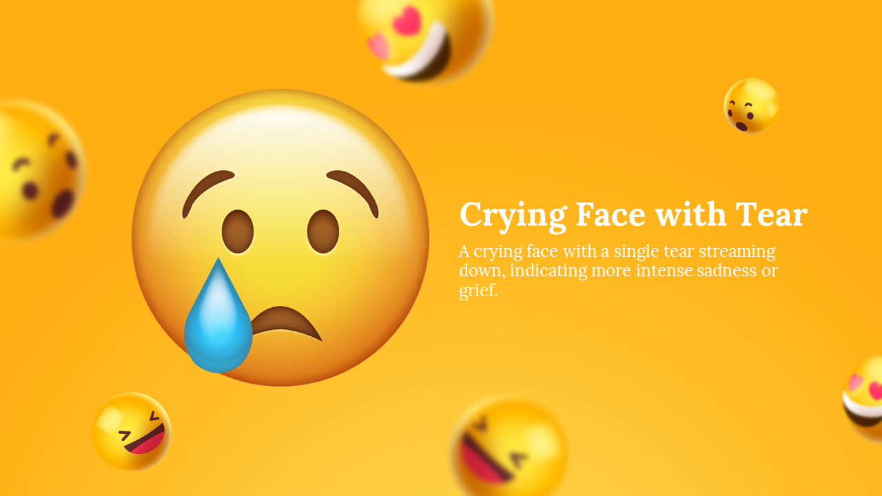 Large yellow crying emoji with single blue tear, on a bright orange background with soft floating emojis around.