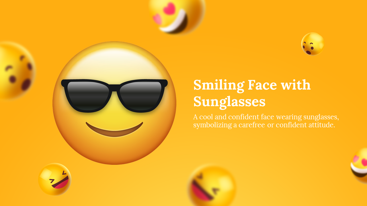 Large yellow emoji wearing black sunglasses on the left, set against a bright orange background with floating blurred emojis.