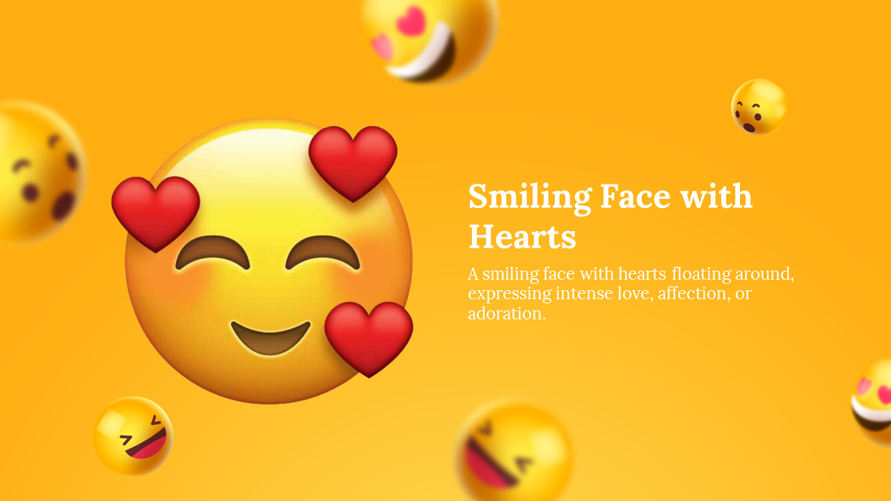 Bright orange backdrop with a centered smiling yellow emoji face and red hearts, with faded emoji shapes scattered.