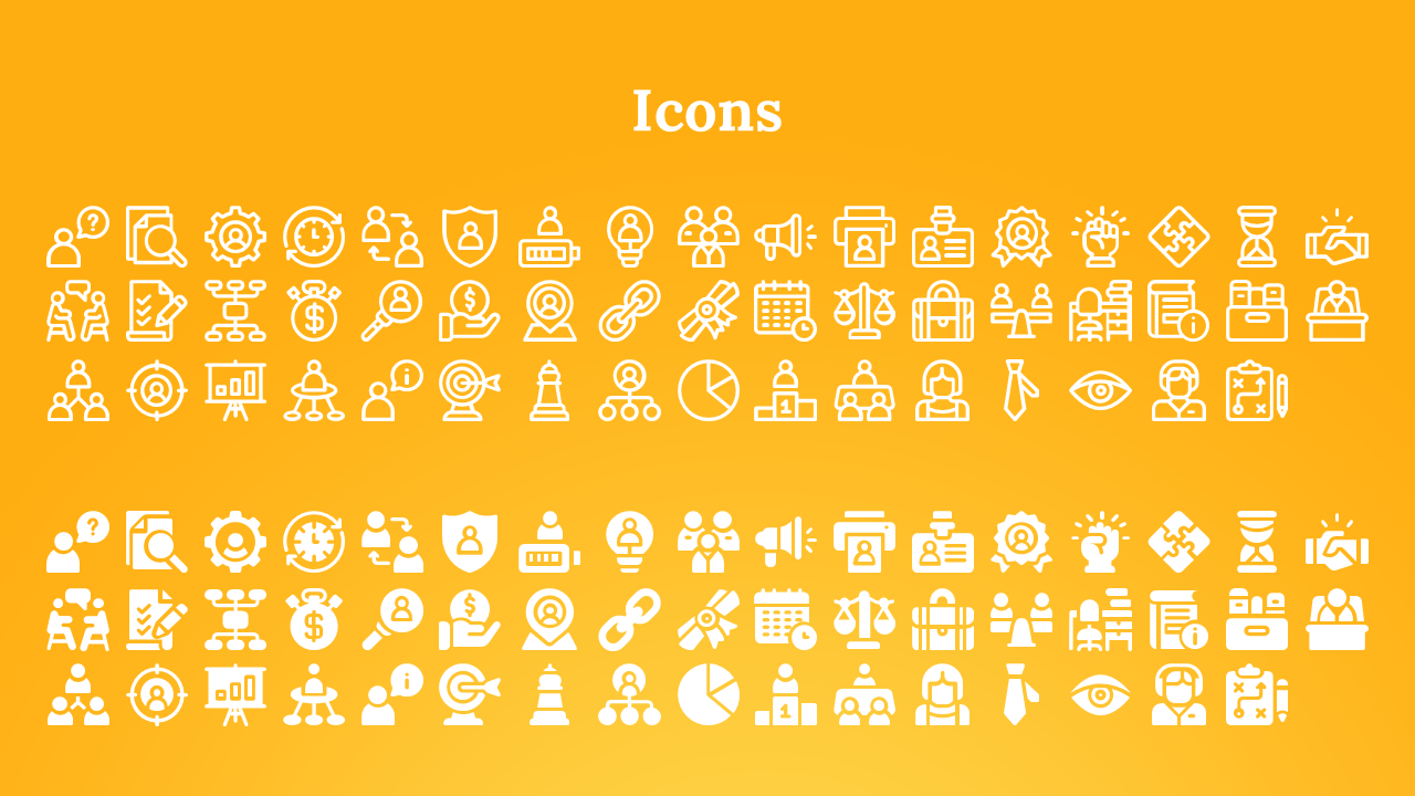 Collection of business themed white outlined and filled icons under a bold title on an orange grdient background.