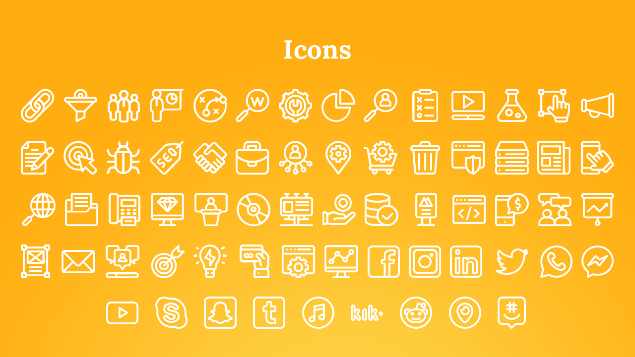 White outlined business and media icons organized into five rows, displayed under a centered heading on an orange background.