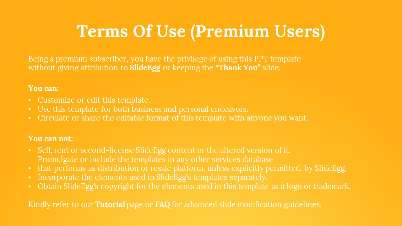 Terms of use slide with white text, featuring two sections with bullet points on an orange gradient background.