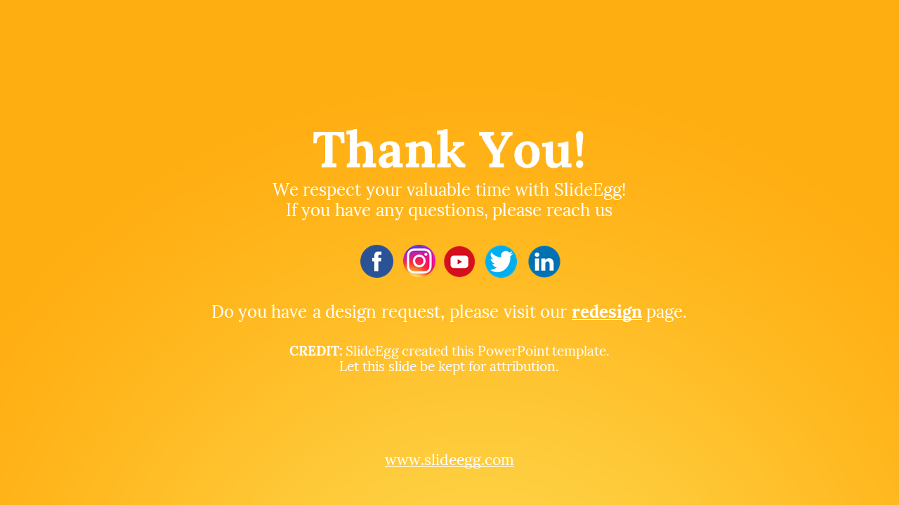Orange background with white thank you text, social media icons, small credit line, and a website link at the bottom.