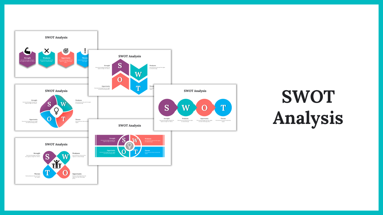 A collection of colorful SWOT analysis slides showcasing different layouts with Strength, Weakness, Opportunity, and Threat.
