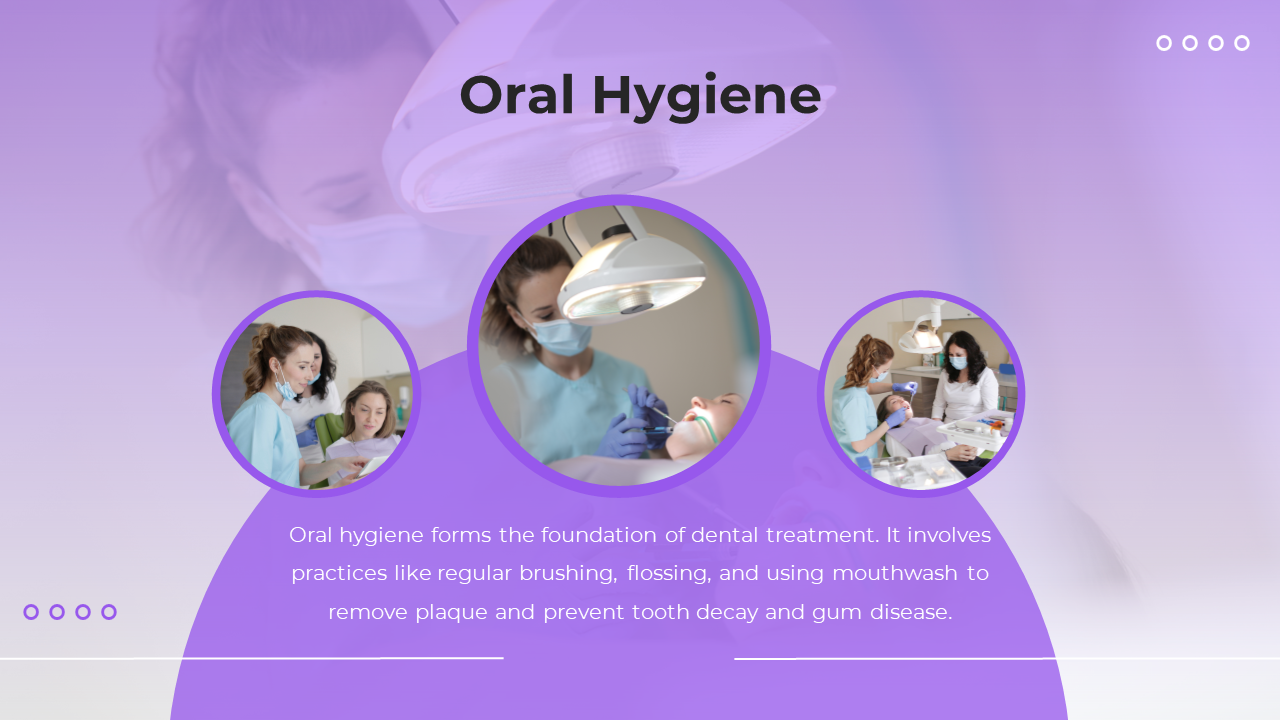 Light purple background with three circular photos of dental care in the center, heading at top and text at the bottom.