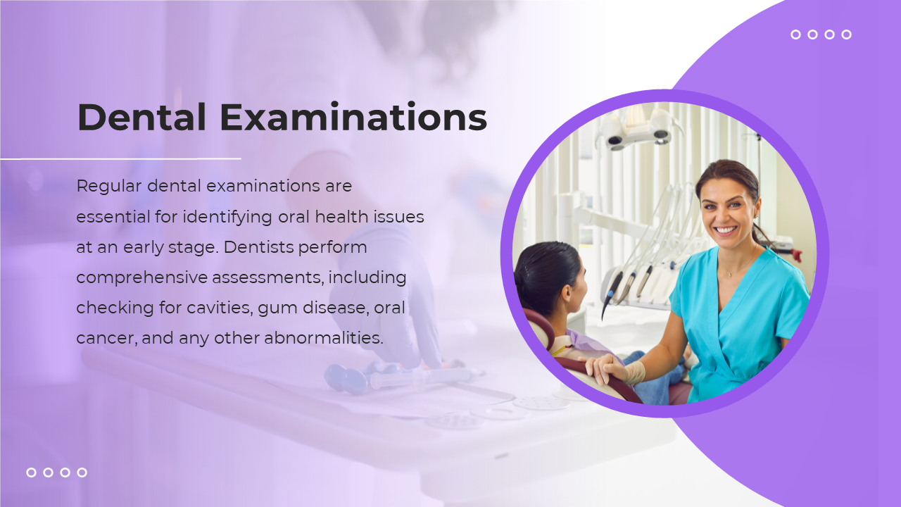 Light purple background with a large circular photo on the right showing a dentist with a patient, and text on the left.