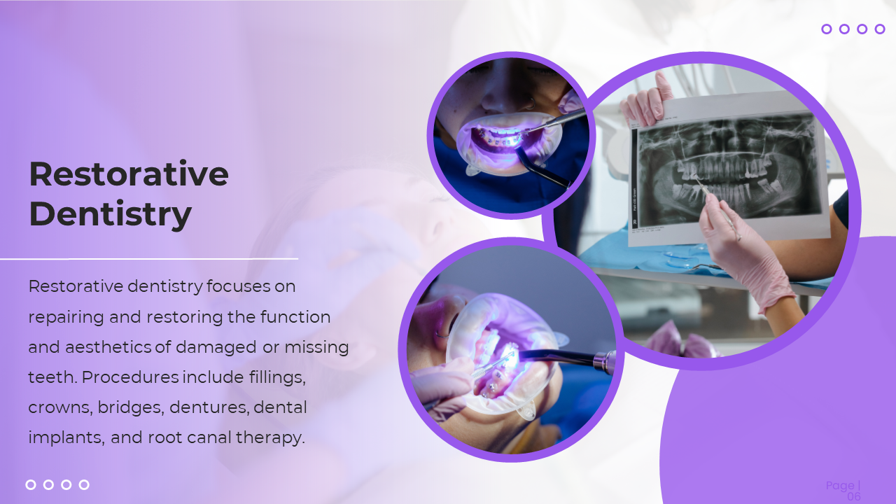 Restorative dentistry text on light purple background with three purple edged circular images of dental treatments on right.