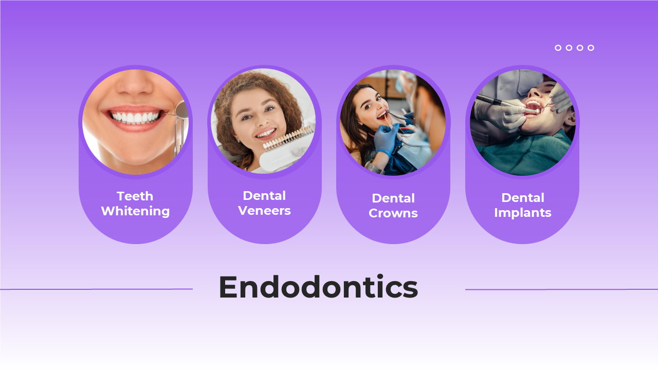 Purple gradient background with four rounded rectangles showing dental treatments, with title centered at bottom.