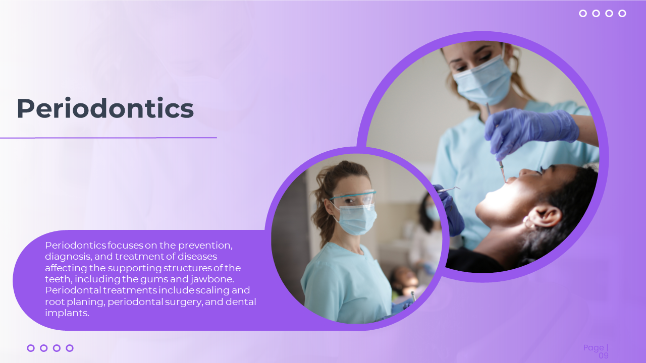 Two purple outlined circles with dentist and performing periodontal treatment, connected with text box on left.