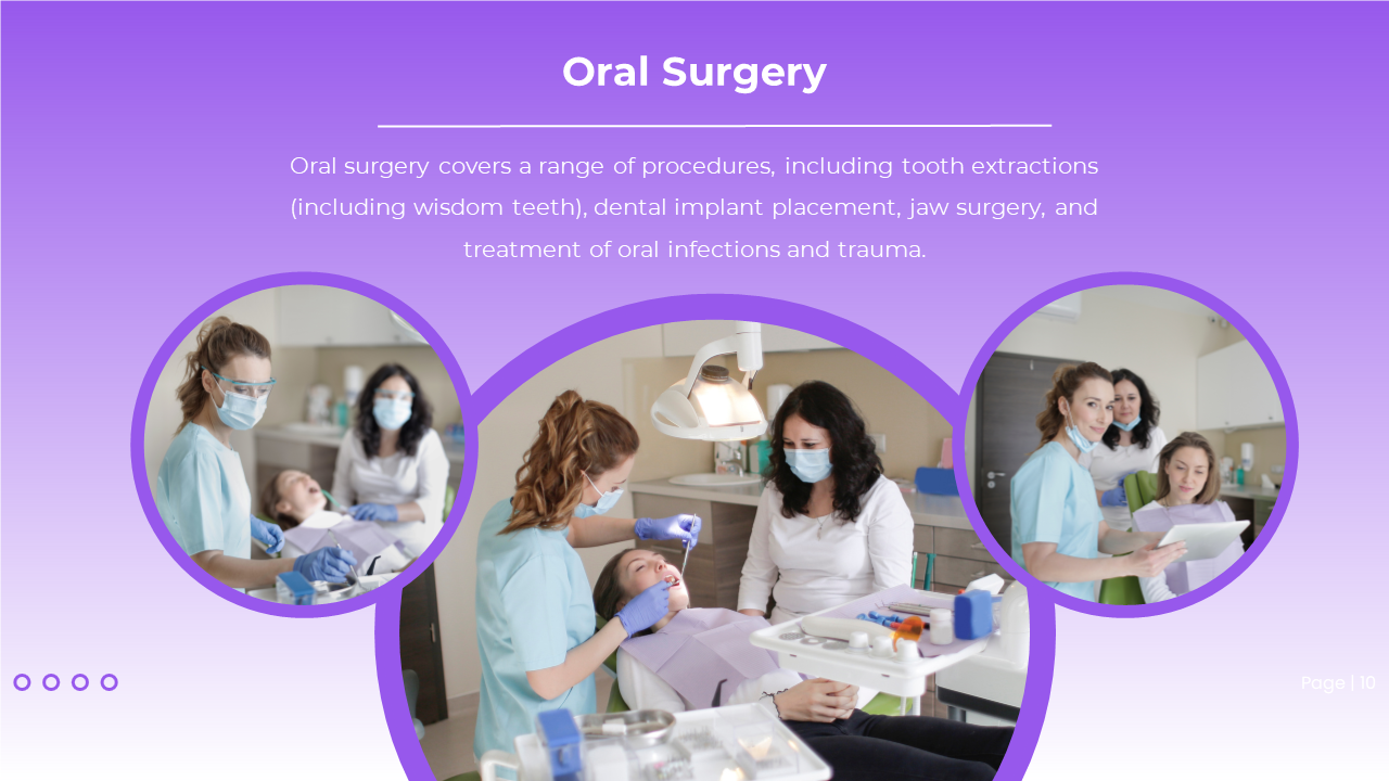 Three circular framed images showing dental procedures on a purple gradient background with white heading and text.