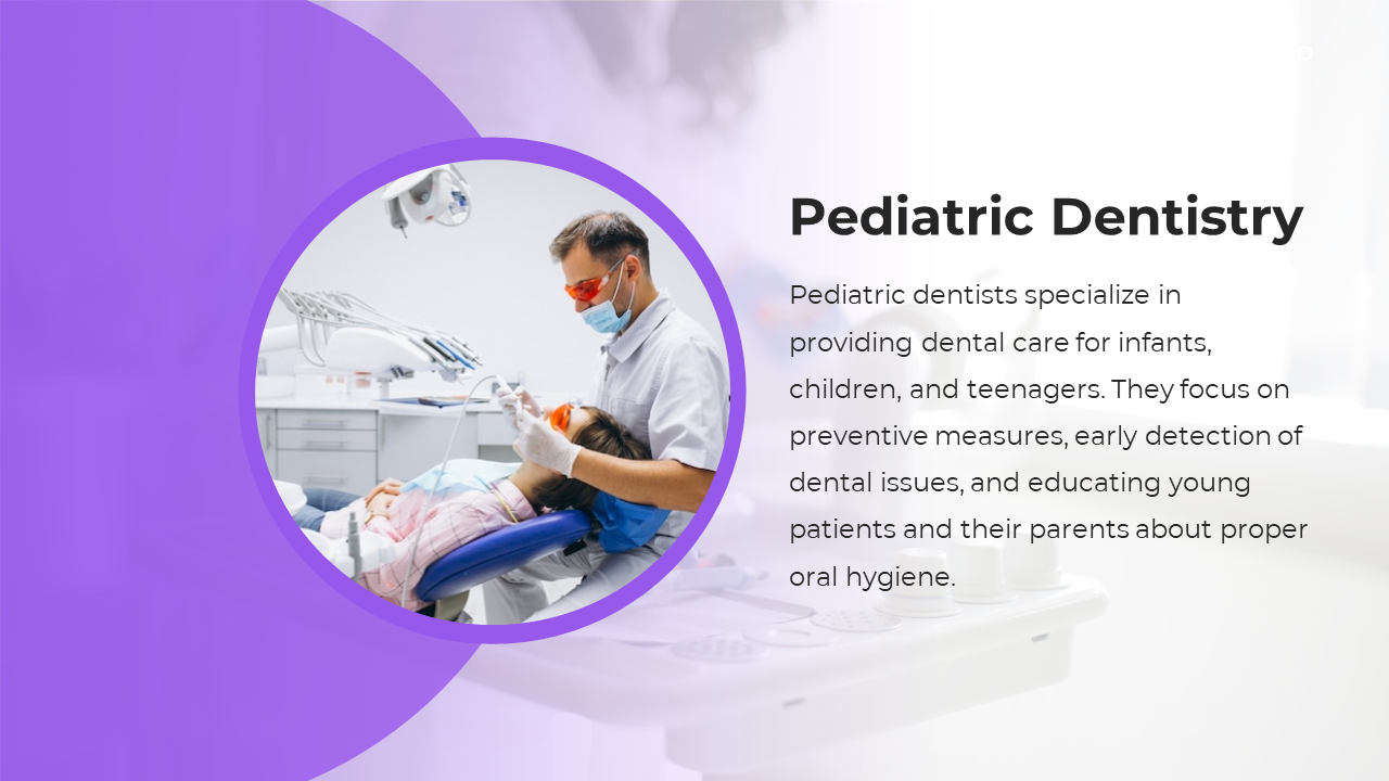 Circular framed image of a dentist treating a child, on a purple background, with title and text on the right white space.