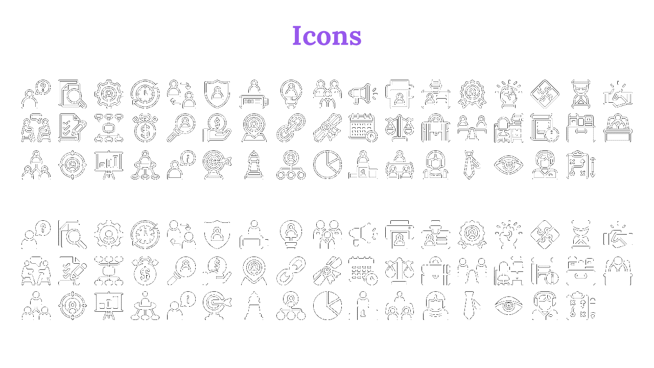 Collection of business themed outlined and filled icons under a bold purple title on a plain white background.